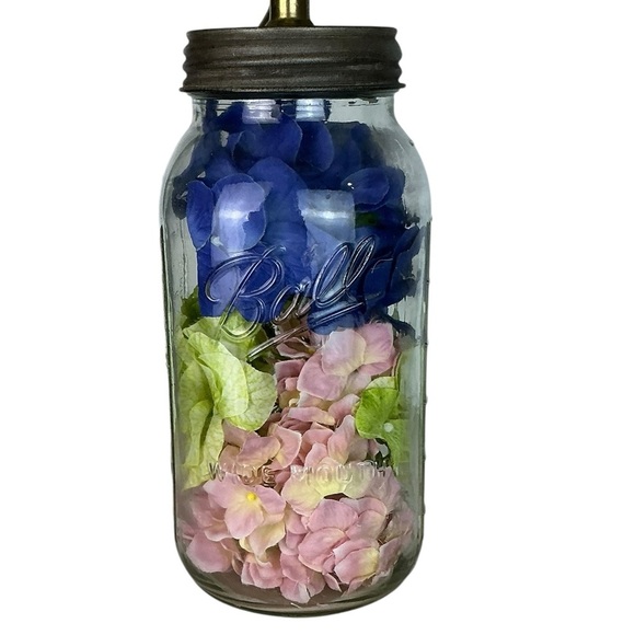 Vintage Mason Jar Lamp Hydrangea Floral Hand Crafted  21” with  Lamp Shade 1999 - Picture 9 of 16